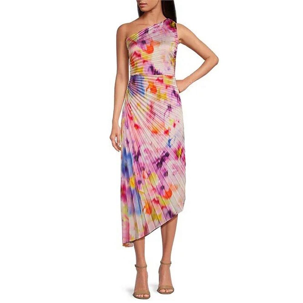 Belle Badgley Mischka Dress One Shoulder Accordion Pleated‎ Midi Size 6